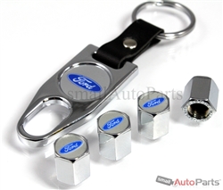 Ford Blue Logo Chrome ABS Tire Valve Stem Caps & Key Chain