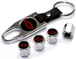 Chevrolet Red Logo Chrome ABS Tire Valve Stem Caps & Key Chain