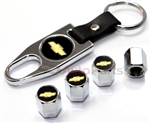 Chevrolet Gold Logo Chrome ABS Tire Valve Stem Caps & Key Chain