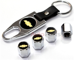 Chevrolet Gold Logo Chrome ABS Tire Valve Stem Caps & Key Chain