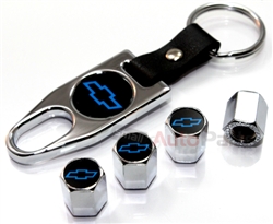 Chevrolet Blue Logo Chrome ABS Tire Valve Stem Caps & Key Chain