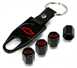 Chevrolet Red Logo Black ABS Tire Valve Stem Caps & Key Chain