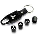 Mitsubishi Silver Logo Black ABS Tire Valve Stem Caps & Key Chain