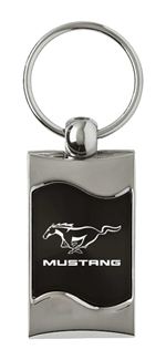 Premium Chrome Spun Wave Black Ford Mustang Genuine Logo Key Chain Fob Ring