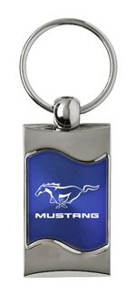 Premium Chrome Spun Wave Blue Ford Mustang Genuine Logo Key Chain Fob Ring