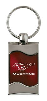 Premium Chrome Spun Wave Burgundy Ford Mustang Genuine Logo Key Chain Fob Ring