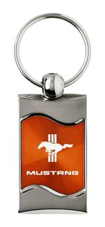 Premium Chrome Spun Wave Orange Ford Mustang Old Genuine Logo Key Chain Fob Ring