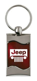 Premium Chrome Spun Wave Burgundy Jeep Grille Genuine Logo Key Chain Fob Ring