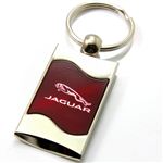 Premium Chrome Spun Wave Burgundy Jaguar Logo Key Chain Fob Ring