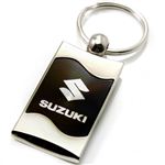 Premium Chrome Spun Wave Black Suzuki Logo Key Chain Fob Ring