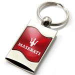 Premium Chrome Spun Wave Red Maserati Logo Key Chain Fob Ring