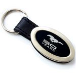 Genuine Black Leather Oval Silver Ford Mustang 50 Years Logo Key Chain Fob Ring