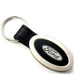 Genuine Black Leather Oval Silver Ford Logo Key Chain Fob Ring