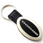 Genuine Black Leather Oval Silver Dodge Logo Key Chain Fob Ring