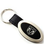 Genuine Black Leather Oval Silver Dodge Ram Logo Key Chain Fob Ring