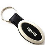 Genuine Black Leather Oval Silver Dodge Hemi Logo Key Chain Fob Ring