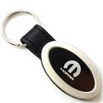 Genuine Black Leather Oval Silver Mopar Logo Key Chain Fob Ring