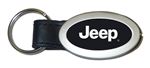 Genuine Black Leather Oval Silver Jeep Logo Key Chain Fob Ring