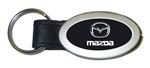 Genuine Black Leather Oval Silver Mazda Logo Key Chain Fob Ring