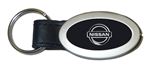 Genuine Black Leather Oval Silver Nissan Logo Key Chain Fob Ring