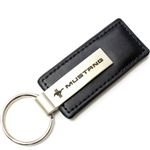 Genuine Black Leather Rectangular Silver Ford Mustang Logo Key Chain Fob Ring