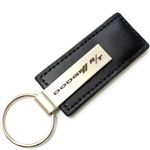 Genuine Black Leather Rectangular Silver Dodge R/T Logo Key Chain Fob Ring