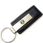 Genuine Black Leather Rectangular Silver Dodge Ram Logo Key Chain Fob Ring