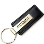 Genuine Black Leather Rectangular Silver Chrysler Logo Key Chain Fob Ring