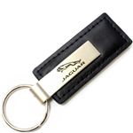 Genuine Black Leather Rectangular Silver Jaguar Logo Key Chain Fob Ring