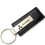 Genuine Black Leather Rectangular Silver Mitsubishi Logo Key Chain Fob Ring