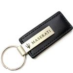 Genuine Black Leather Rectangular Silver Maserati Logo Key Chain Fob Ring