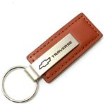 Genuine Brown Leather Rectangular Silver Chevy Traverse Logo Key Chain Fob Ring