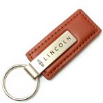 Genuine Brown Leather Rectangular Silver Lincoln Logo Key Chain Fob Ring