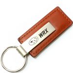 Genuine Brown Leather Rectangular Silver Subaru WRX Logo Key Chain Fob Ring