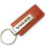 Genuine Brown Leather Rectangular Silver Volvo Logo Key Chain Fob Ring