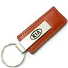 Genuine Brown Leather Rectangular Silver Kia Logo Key Chain Fob Ring