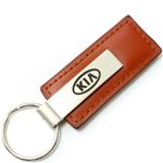 Genuine Brown Leather Rectangular Silver Kia Logo Key Chain Fob Ring
