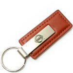 Genuine Brown Leather Rectangular Silver Nissan Logo Key Chain Fob Ring
