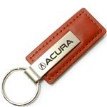Genuine Brown Leather Rectangular Silver Acura Logo Key Chain Fob Ring