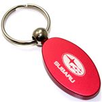 Red Aluminum Metal Oval Subaru Logo Key Chain Fob Chrome Ring