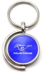 Blue Ford Mustang Logo Brushed Metal Round Spinner Chrome Key Chain Ring Spin