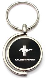 Black Ford Mustang Tribar Logo Brushed Metal Round Spinner Chrome Key Chain Ring