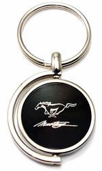 Black Ford Mustang Script Logo Brushed Metal Round Spinner Chrome Key Chain Ring