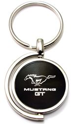 Black Ford Mustang GT Logo Brushed Metal Round Spinner Chrome Key Chain Ring