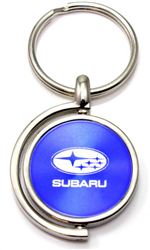 Blue Subaru Logo Brushed Metal Round Spinner Chrome Key Chain Spin Ring