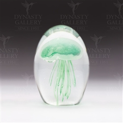 Handmade Glass Glowing Jellyfish Paperweight Green 4"