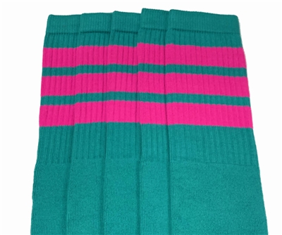 Kids Teal socks with Hot Pink stripes