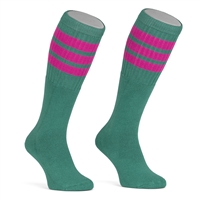 Mid calf TEAL sock with HOT PINK stripes