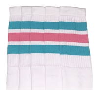 Mid calf WHITE sock with Aqua/BubbleGum Pink stripes