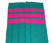 Over the knee Teal socks with Hot Pink stripes